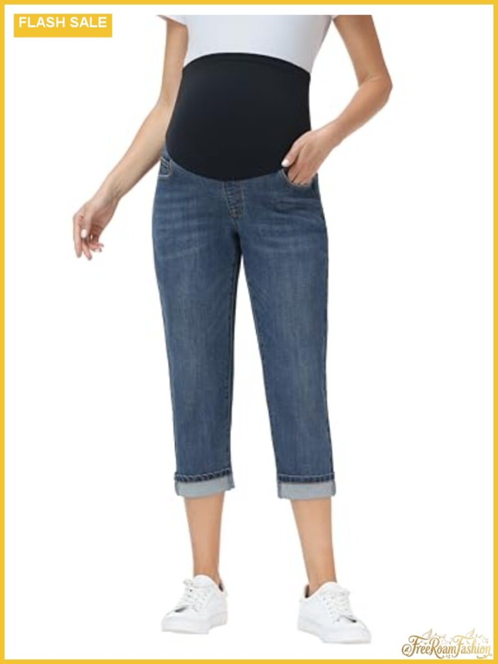 Maternity Capri Jeans Cuffed Stretch Pull On Pregnancy Denim Capris